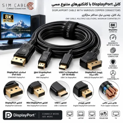 کابل DisplayPort با کانکتورهای متنوع مسی