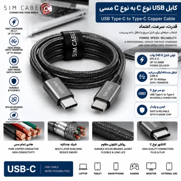 کابل USB نوع C به نوع C مسی