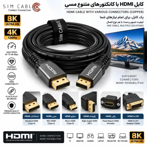 کابل HDMI با کانکتورهای متنوع مسی