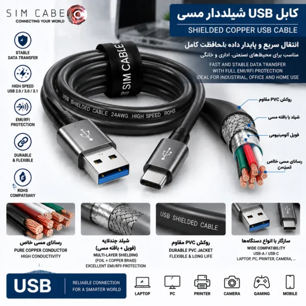 کابل USB شیلددار مسی